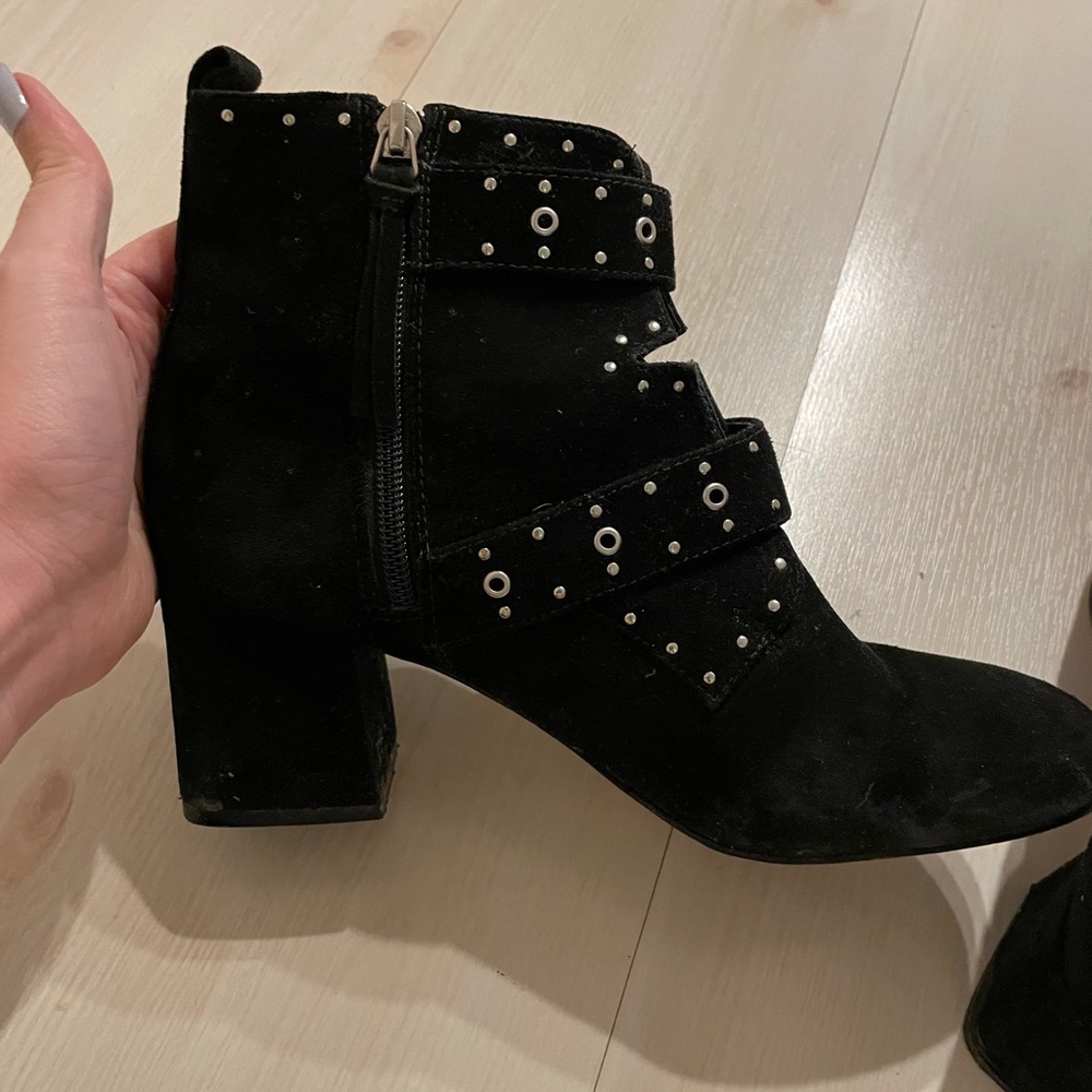 Rebecca Minkoff Black Suede Studded Buckle Ankle Boots - Picture 6 of 8